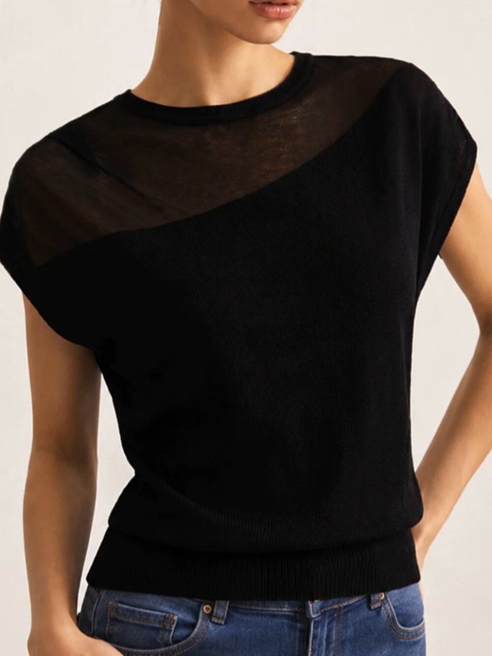 Commense Asymmetric Sheer Shoulder Knit Top S